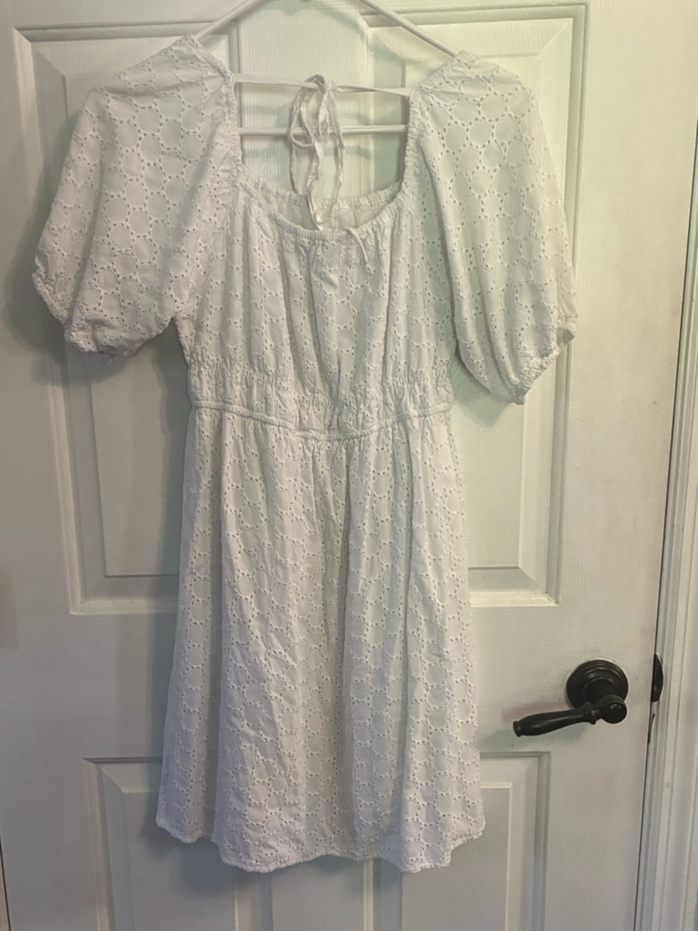 White Eyelet Puff-Sleeve Tie-Back Mini Dress